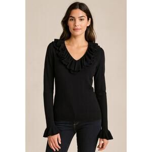 Lauren Ralph Lauren Silk Cashmere Ruffle Neck Sweater Witchy Boho Black Medium